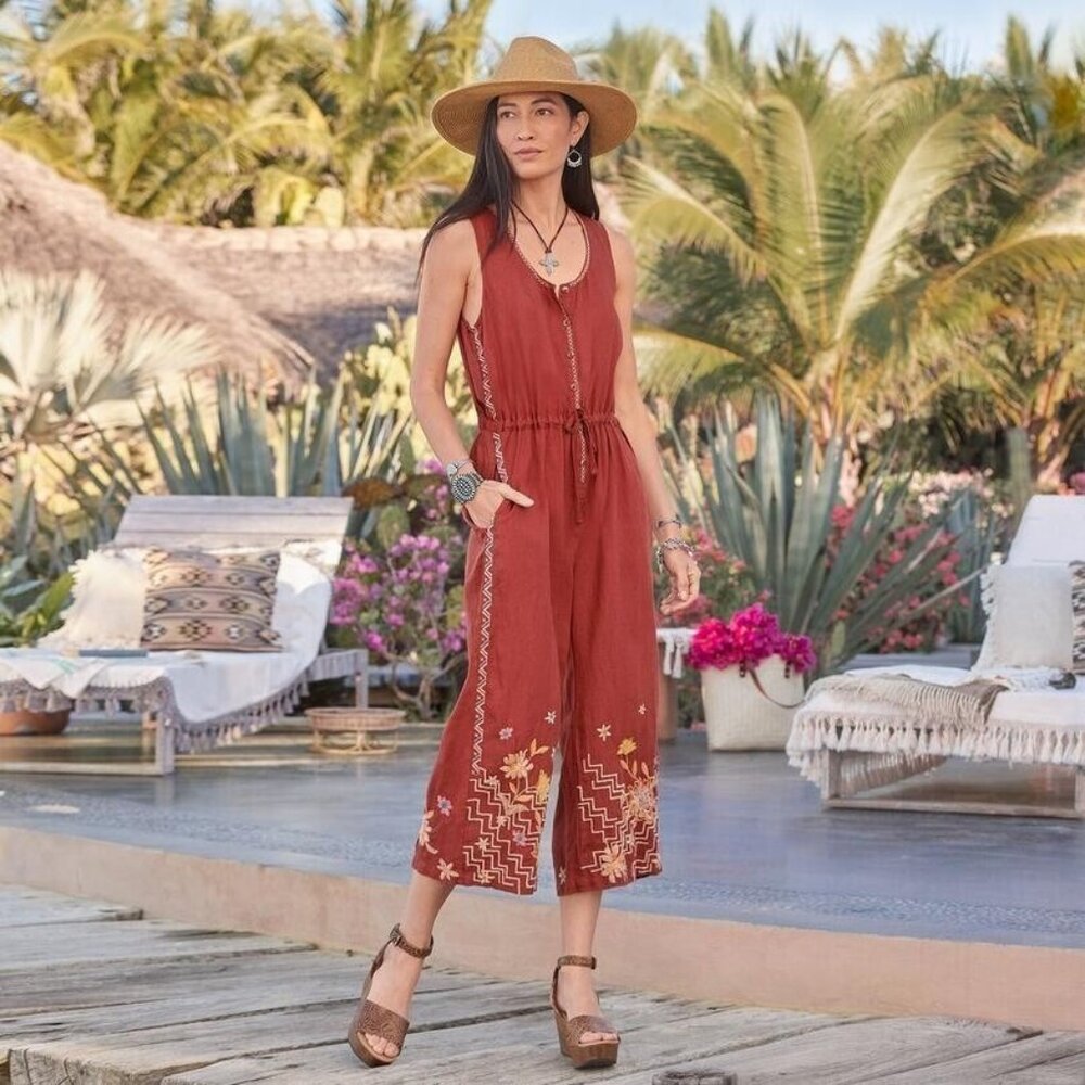Johnny Was Elia Orange 100% Linen Floral Embroidered Jumpsuit Size Small